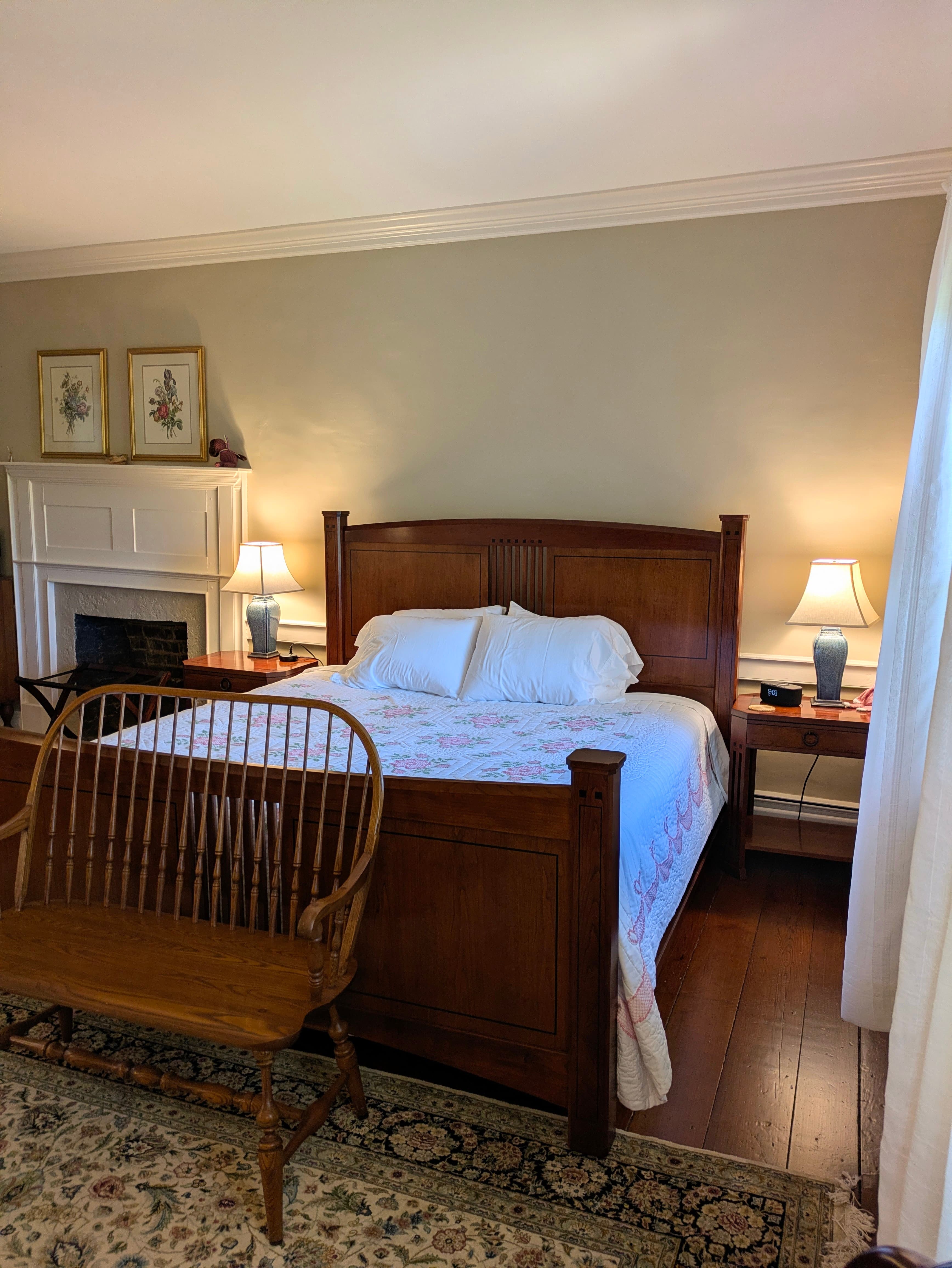 King bed with Stickley frame, side tables, lamps