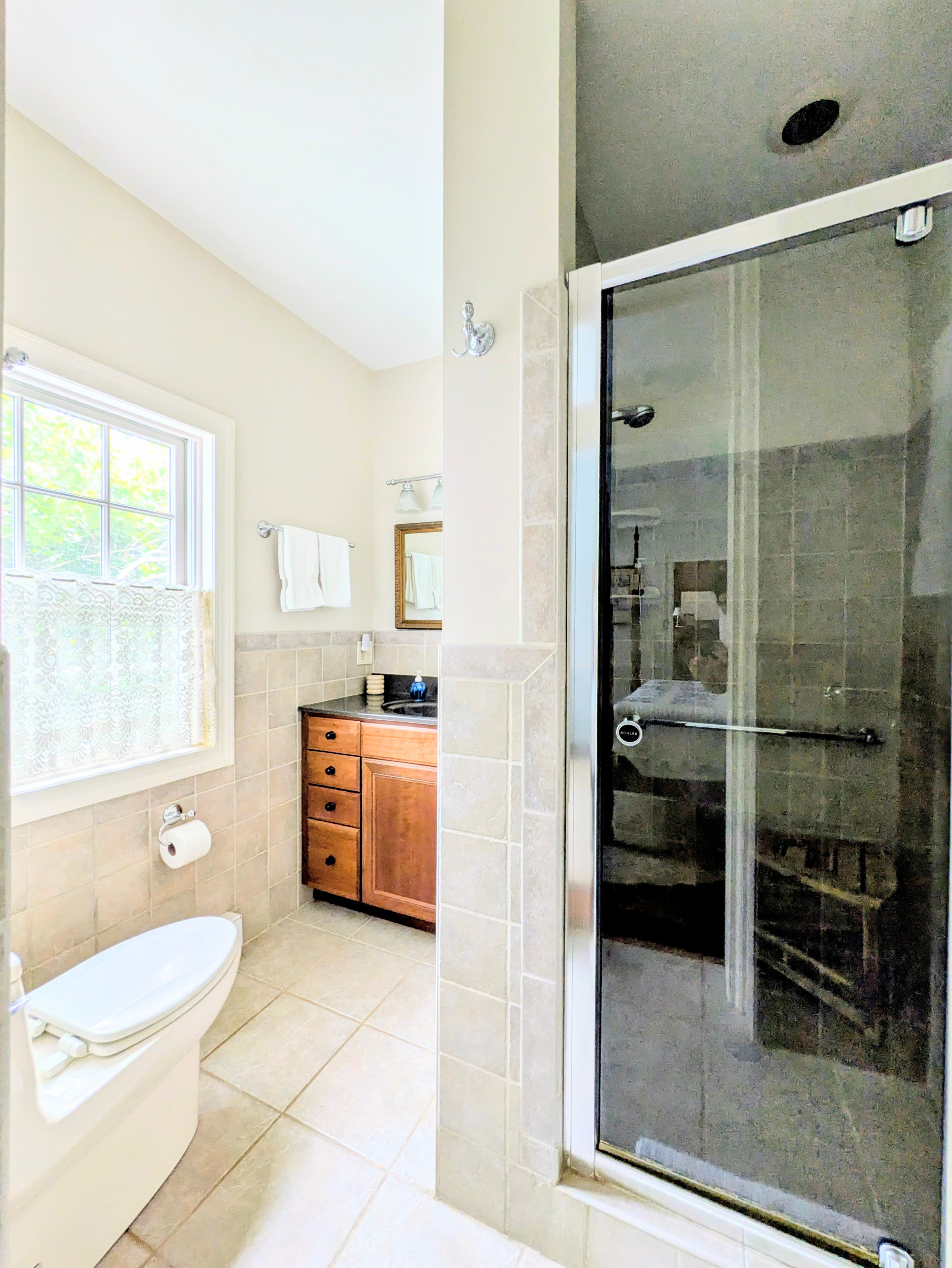 Bathroom with vanity, toilet, window, shower