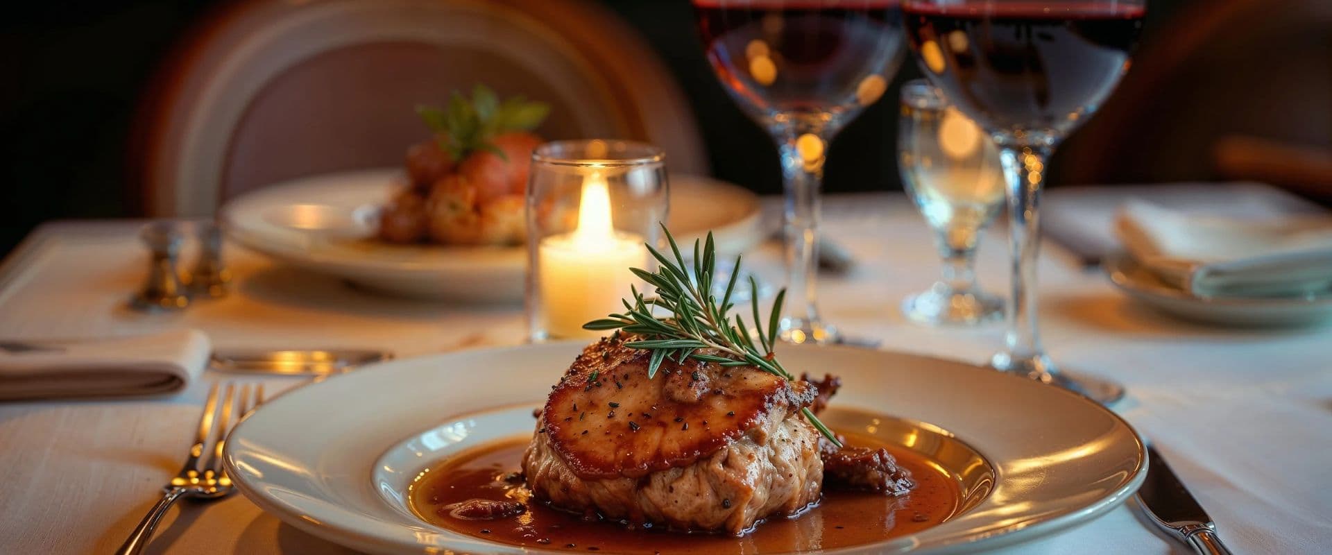 A beautifully plated dish of grilled chicken with a savory sauce, garnished with rosemary, surrounded by elegant glassware on a dining table.
