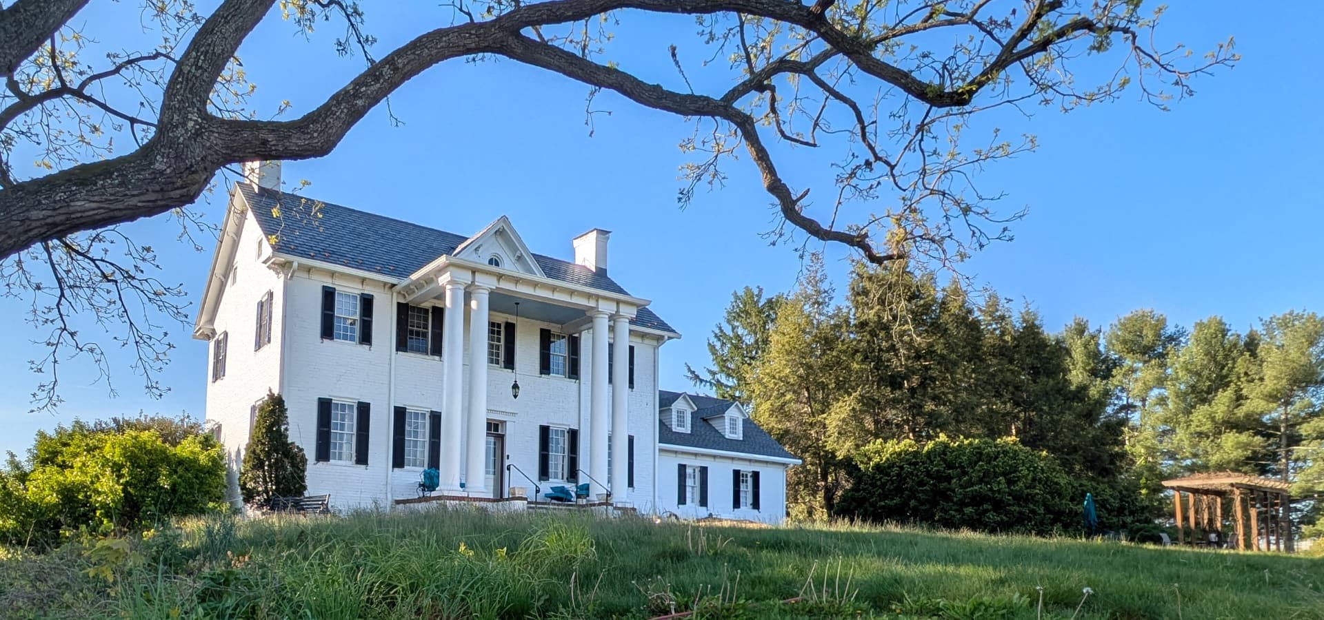 A white colonial-style house with black shutters surrounded by greenery under a clear blue sky.