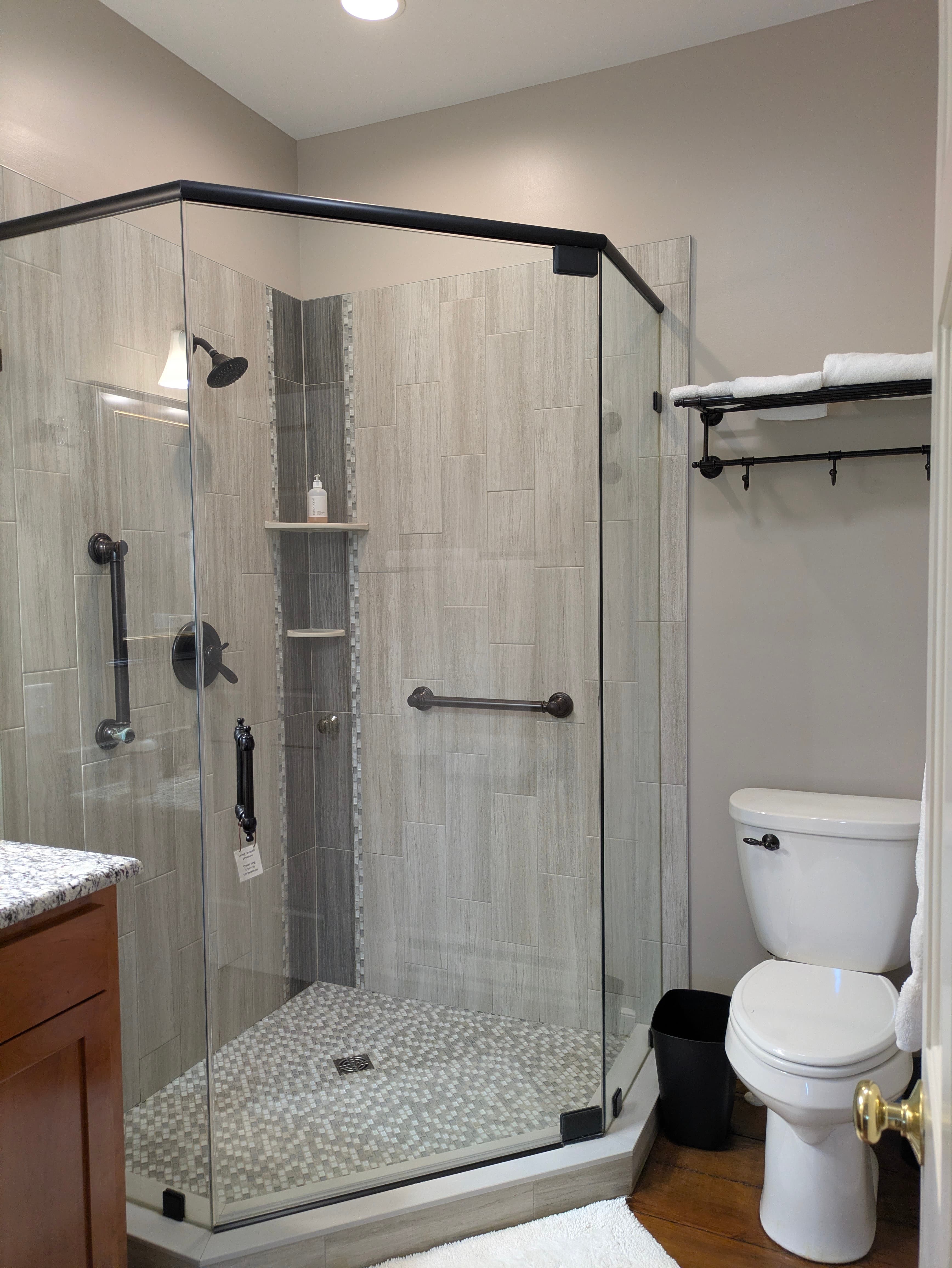 New bathroom with glass shower, grab bars, toilet, towel rack