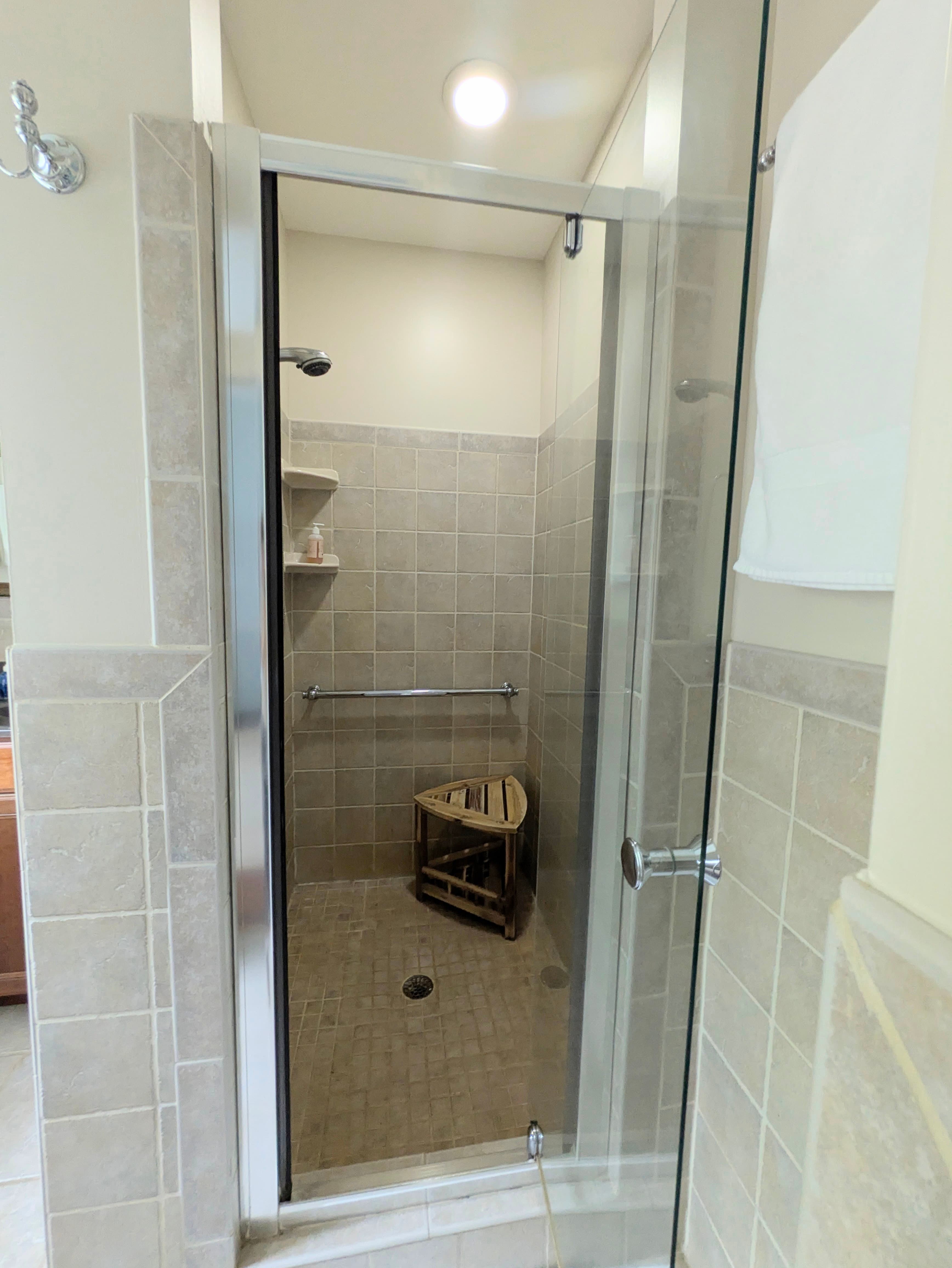 shower has grab bars, handheld shower head, teak seat