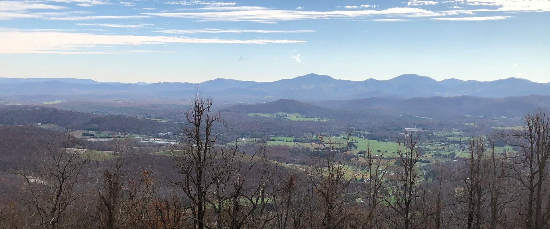 A panoramic view of rolling hills and valleys under a clear blue sky, framed by bare trees in the foreground.